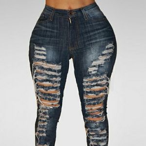 Trendy High Waist Dark Blue Denim Jeans